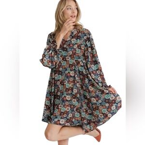 New UMGEE Navy Retro Daisy Flower Print Metallic Thread Puff Sleeve Dress Medium